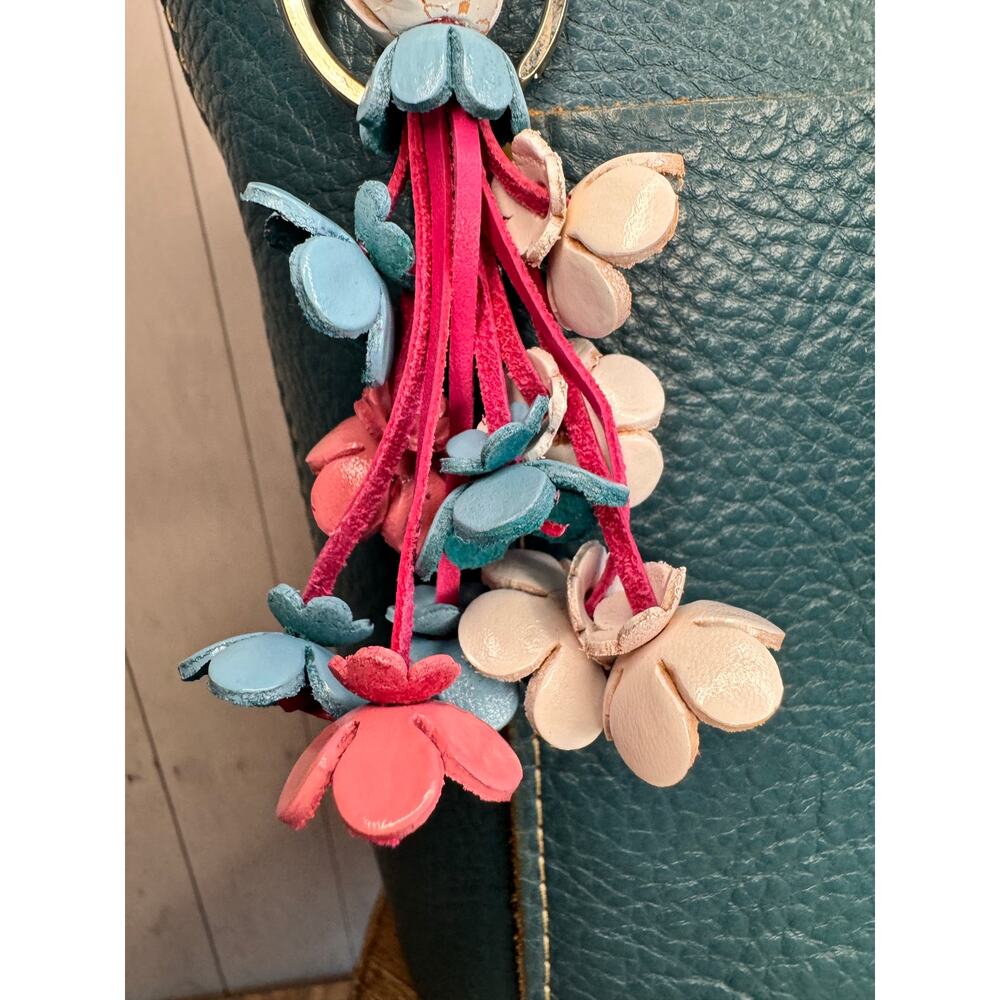 Accessory Purse Charm Genuine Leather Bag Charm Blue Pink White Flower Bouquet - Picture 4 of 5